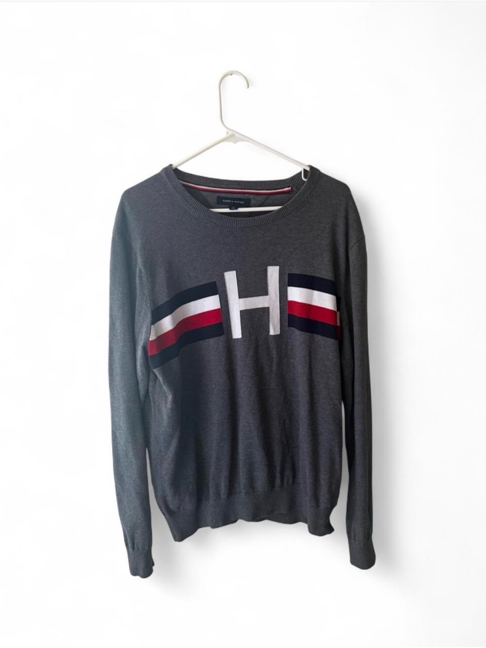 Tommy Hilfiger Charcoal Crewneck Sweater with Red, White & Navy Stripes